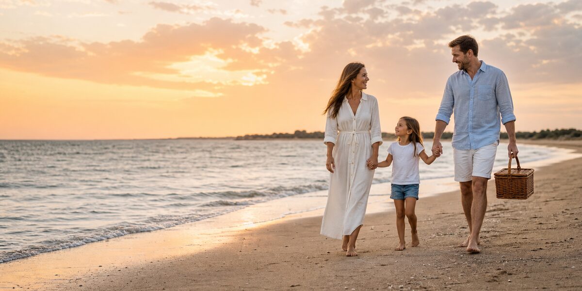 A family walking hand in hand along the beach at sunset